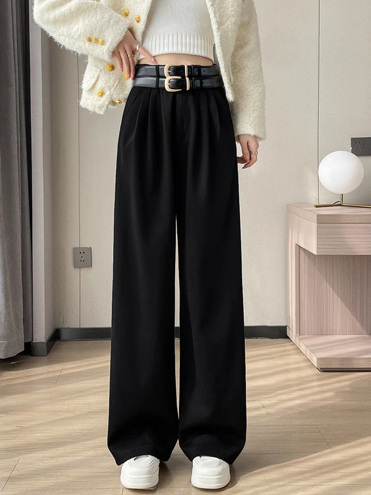 QOERLIN Standard and Velvet Winter Pants with Belt Korean Fashion High Waist Wide Leg High Waist Loose Trousers Female 2024 New