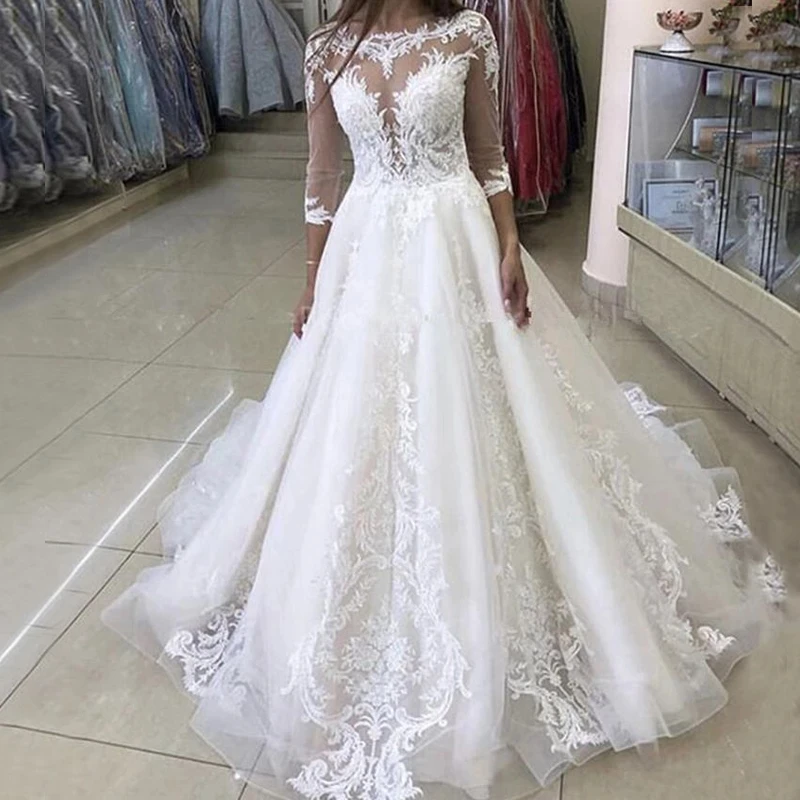 

ANGELSBRIDEP бальное платье с рукавом три четверти свадебное платье с аппликацией вырез со шлейфом Свадебные платья