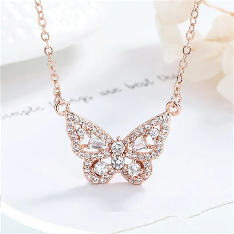 JewelryWe Collana da donna in acciaio inox, con ciondolo a forma di farfalla, con zirconi, colore: oro rosa, 20.5 centimeters, Strass, Zirconia cubica