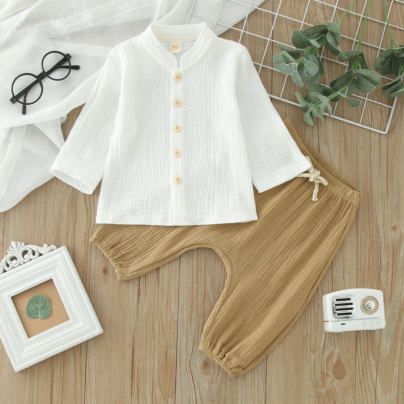 0-4Y Kids Boys Spring Fall Outfits Baby Solid Color Buttons Long Sleeve Shirts Tops + Elastic Waist Long Pants Boys Clothes Sets 2