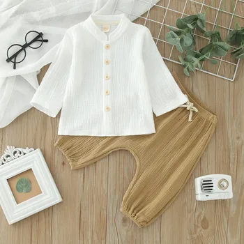 0-4Y Kids Boys Spring Fall Outfits Baby Solid Color Buttons Long Sleeve Shirts Tops + Elastic Waist Long Pants Boys Clothes Sets 2