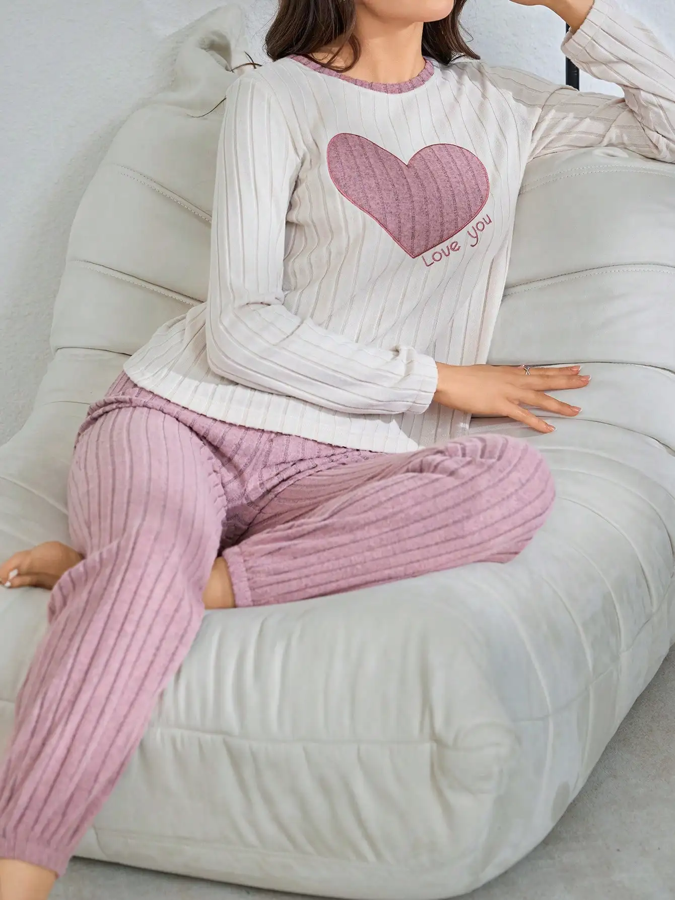 2pcs Plush Heart Embroidered Lounge Set for Women, Cozy Autumn Winter Pajama Pants & Top