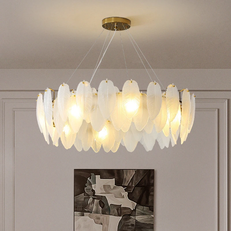 

Luxury Feather Glass Pendant Light Modern LED White Hanging Lamp For Restaurant Living Room Bedroom Deco Lighting Fixture Luster