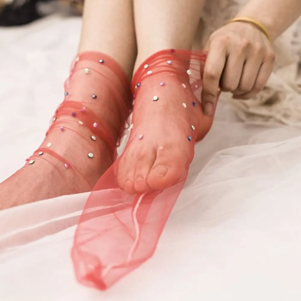 

Shine Crystal Tulle Socks Women Transparent Mesh Socks Female Thin Socks Dress Sock Streetwear Fishnet Socks