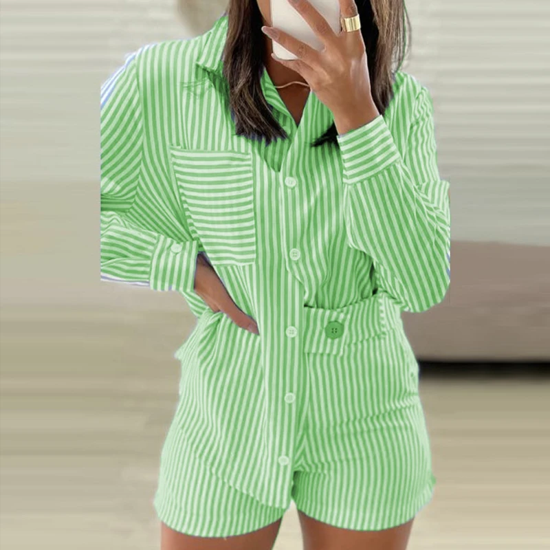 

2024 Spring Striped Print Leisure Set Women Button Lapel Shirt Top & Slim Shorts Outfits Autumn Long Sleeve Two Piece Suit Mujer