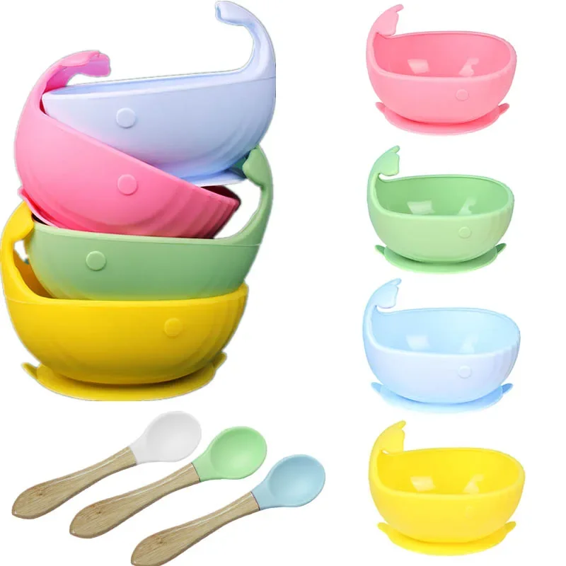 1Set Food Grade Silicone Baby Feeding Bowl Set Baby Learning Dishes Suction Bowl Spoon Non-Slip Dinnerware Set Silicone Feeding Set