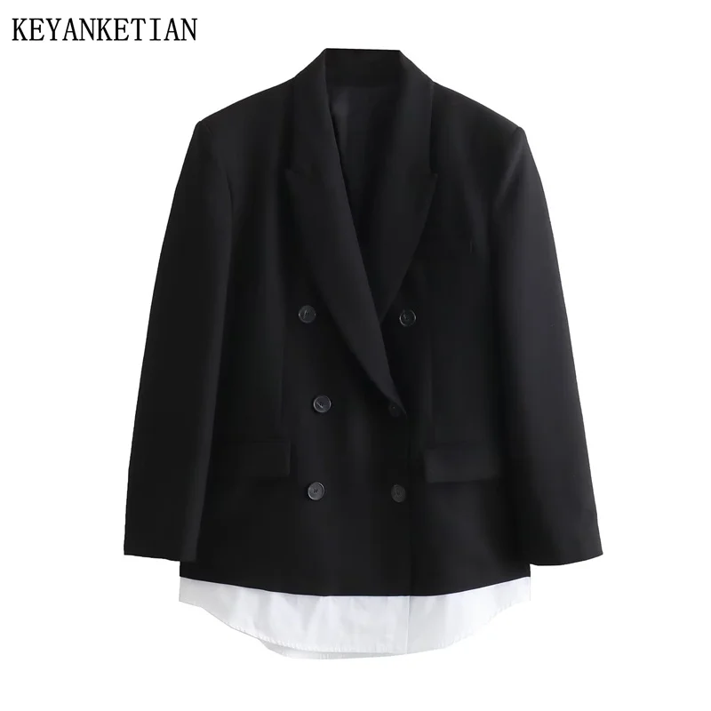 

Новинка 2024, женские костюмы KEYANKETIAN в стиле пэчворк с имитацией двух частей, верхняя одежда свободного кроя с карманами и пуговицами в стиле High Street