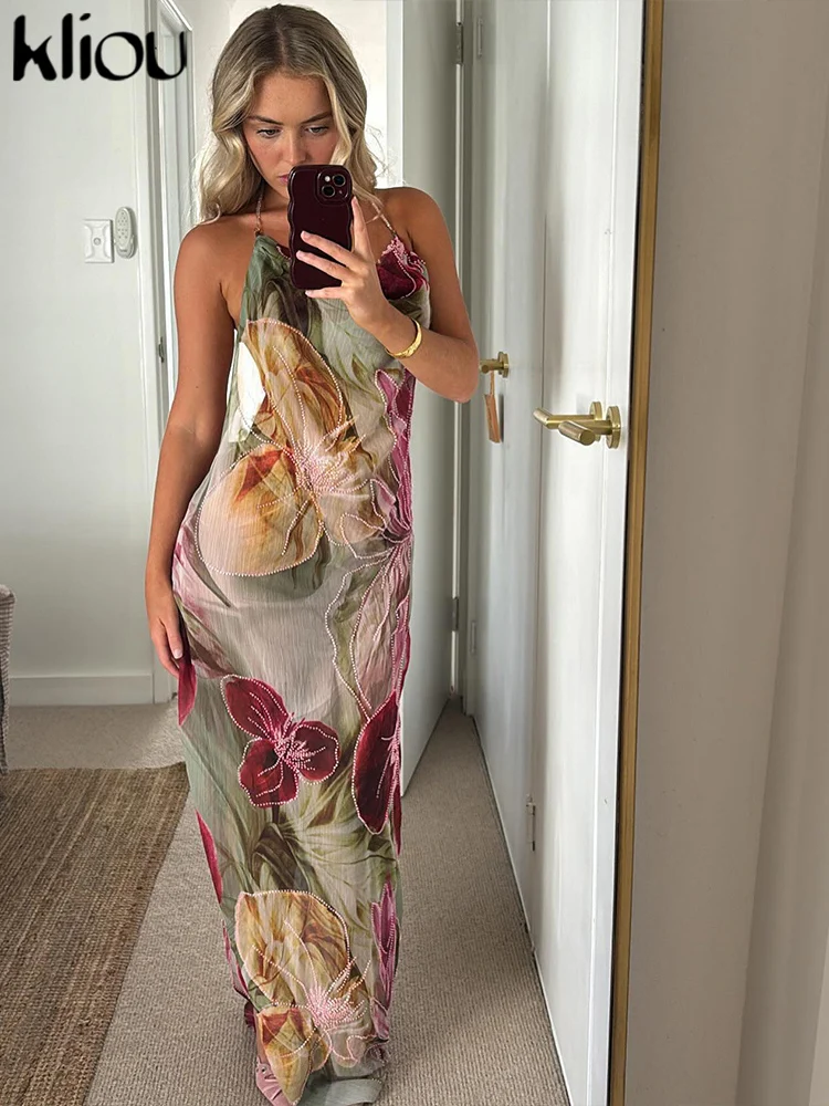 kliou Floral Print Women Dress Vacation Beach Style Suspendency Backless Halter Split Thin Vestidos Female Trend Attractive Wear 4