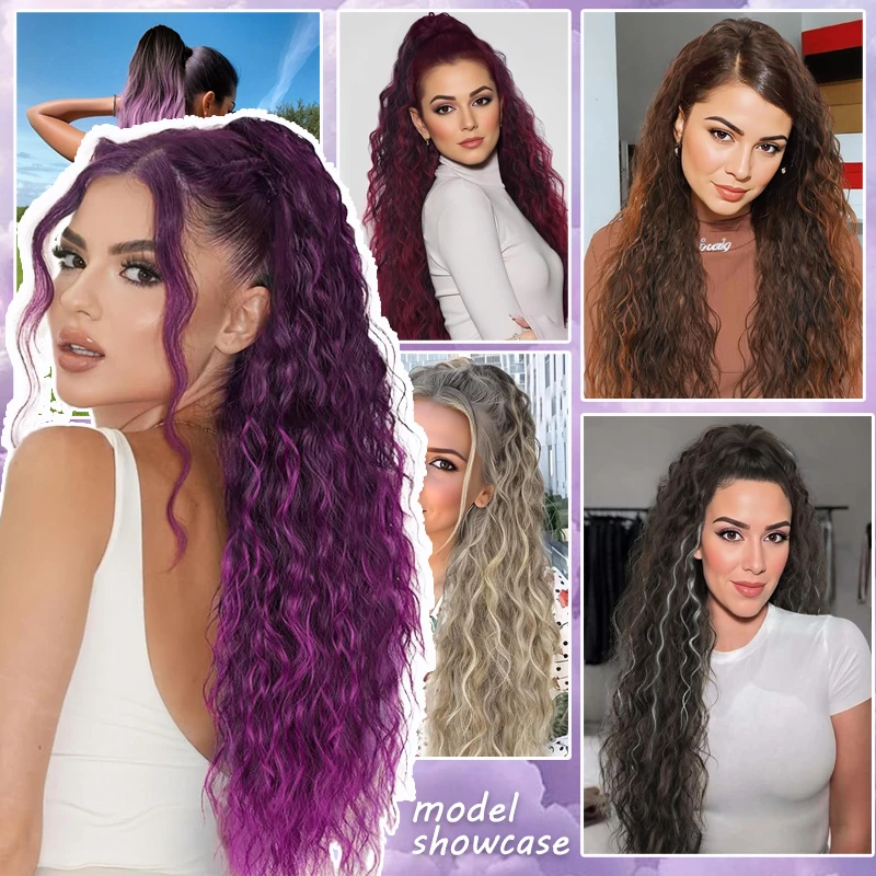 Purple Curly Hair Ponytail Extensions Wig 20inch Gradient Purple Water Wave Ponytail Claw Clip Hairpiece for Women Christmas Use
