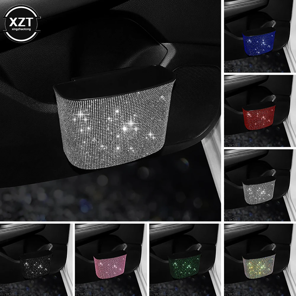Car Trash Can Diamond Crystal Organizer Bin with Lid Leakproof Mini Vehicle Trash Bin Glitter Garbage Car Hanging Accessories car storage bag car trash can car trash bag