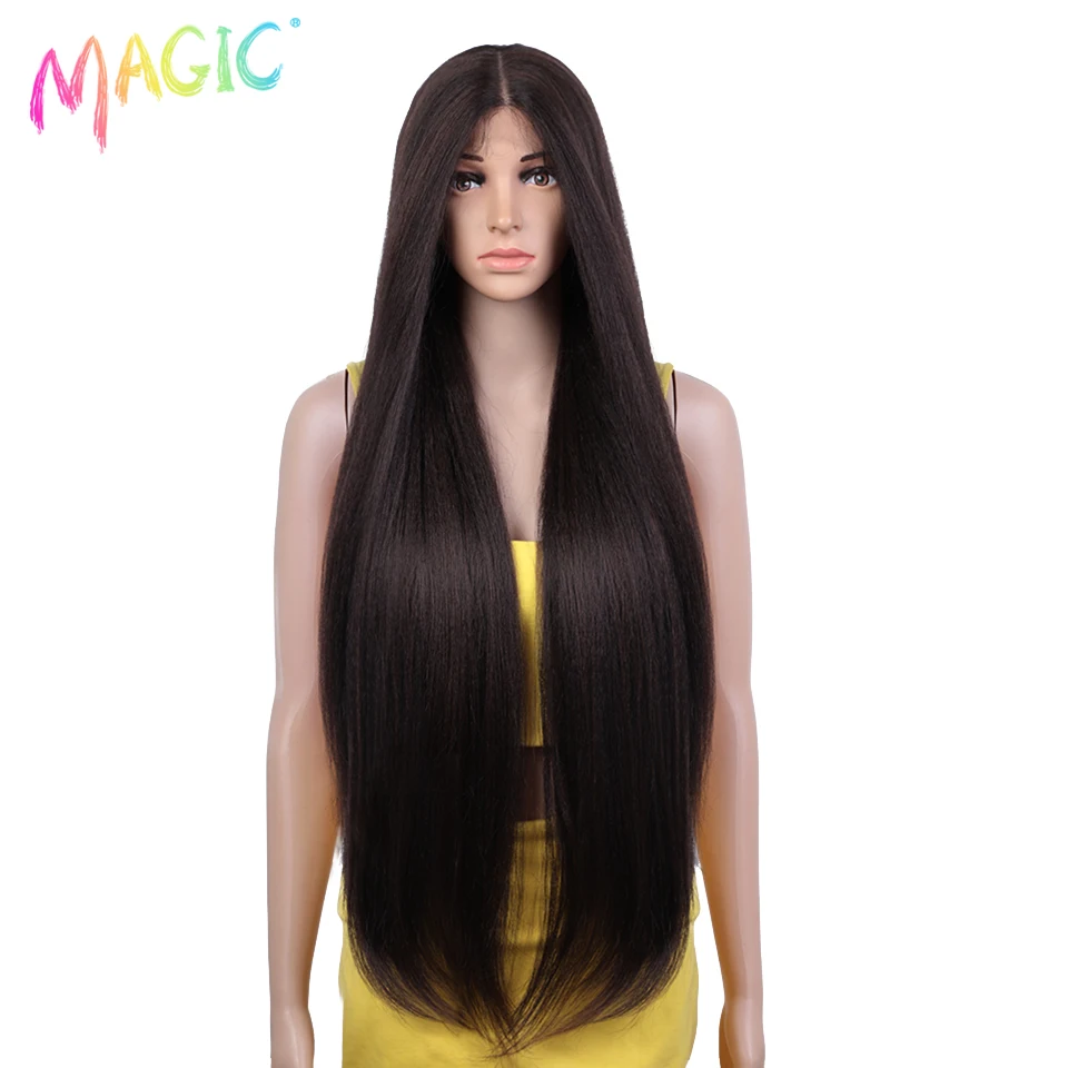 Magic Straight Synthetic Lace Front Wig 36 Inch Long Ombre Brown Red Blonde Hightlight Lace Frontal Wigs Cosplay Wig