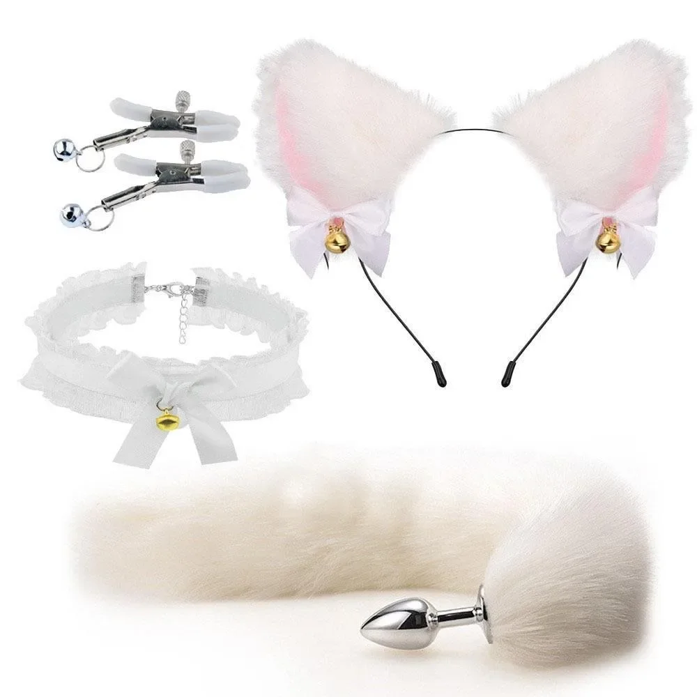 Cute Fox Tail Anal Plug Bow-Knot Soft Cat Ears Headbands Collar Erotic Cosplay SM Sex Toys for Female Male