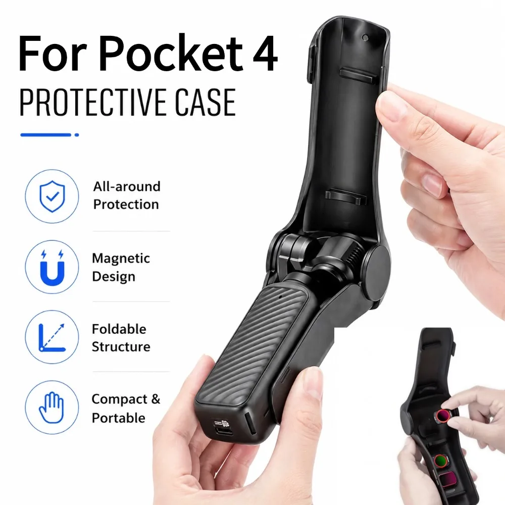 Coque de protection noire pour DJI Pocket 4 Flip avec fermeture éclair et logo DJI.