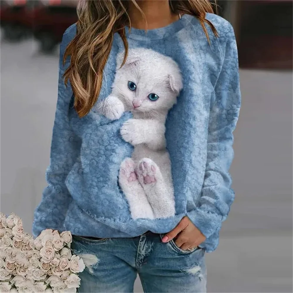 

Spring and Autumn Women's Casual t shirt 3D Cute Cat Print Loose Long Sleeve O-Neck Fashion Small Fresh Harajuku Women's Top