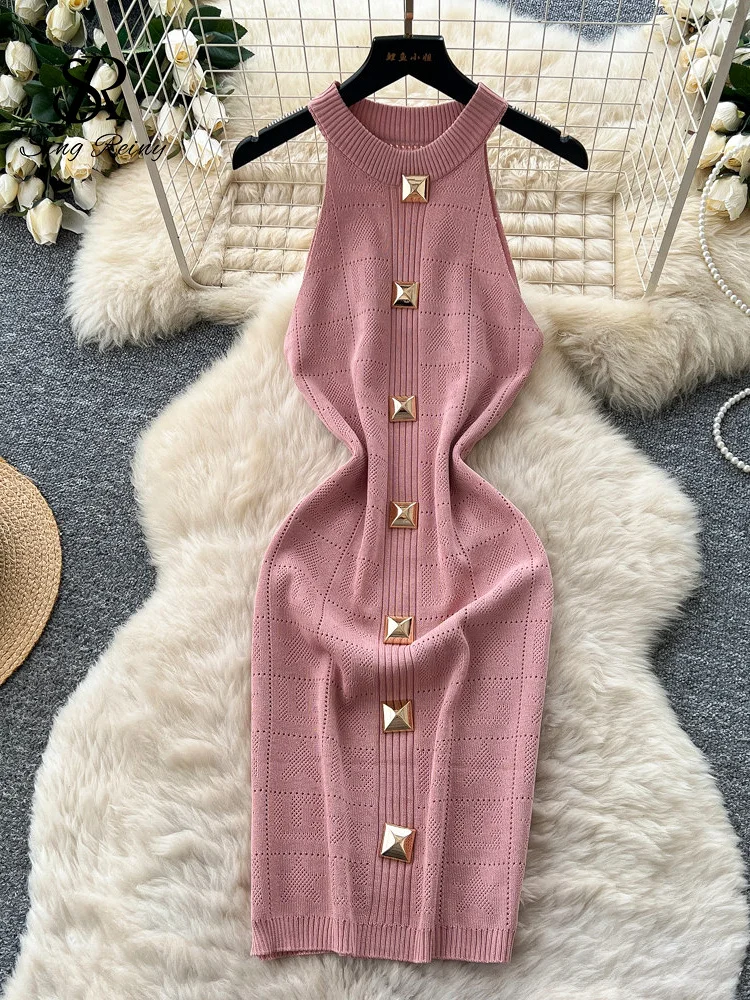SINGREINY Sleeveless Workwear Knitting Dress Fashion Halter Metal Button Plaid Casual Classy Summer Bodycon Elastic Ladies Dress 4