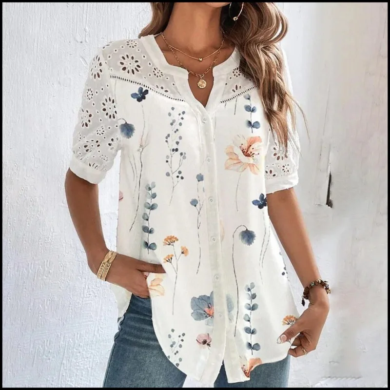 Chic Elegant Loose Shirt Woman Fashion Casual Woman Shirt Summer Short Sleeve Blouse Weekend Blusas Feminino Printed Lace Shirts weekend