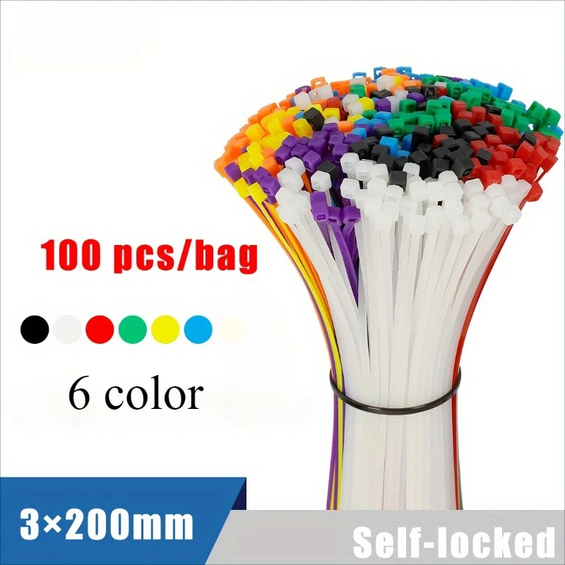 2.5×200mm Size 100Pcs/Bag Multicolor Slef-Locking Nylon Cable Tie Quickly Bundle Plastice Loop Wire Wrap Zip ties
