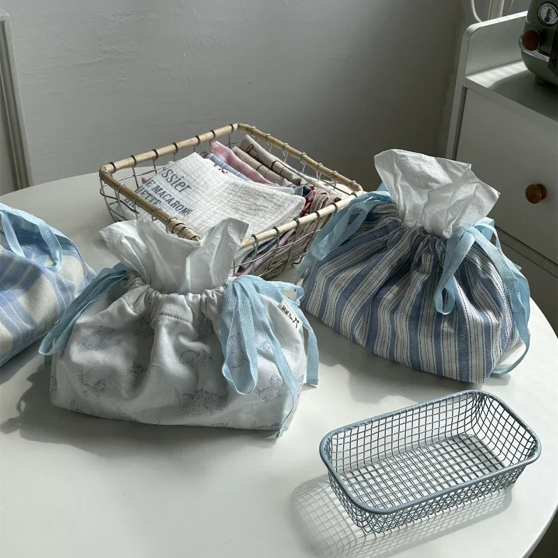 Blue Striped Drawstring Tissue Bag Storage Bag Napkin Paper Case Home Organizer Nordic Decoration Accessories For Livingroom 3