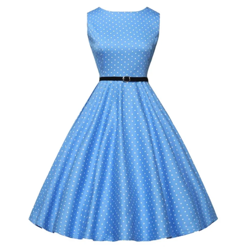 E-Commerce Retro Women's Clothing Off-Neck Sleeveless Polka Dot Print Dress with Black Belt