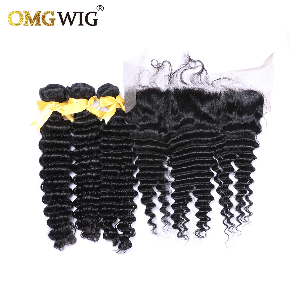 Deep Wave Natural Color Hair Bundles With 13x4 Base Closures Brazilian Human Hair Free Part Bleached Knots Transparent Lace