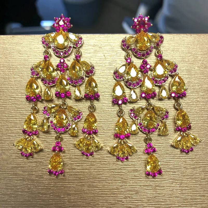 

Bilincolor Cubic Zirconia Luxury Red and Yellow Tassel Earring for Women