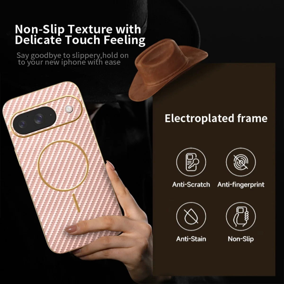 Carbon Fiber Texture Phone Case with Plating Frame and Magsafe Compatibility