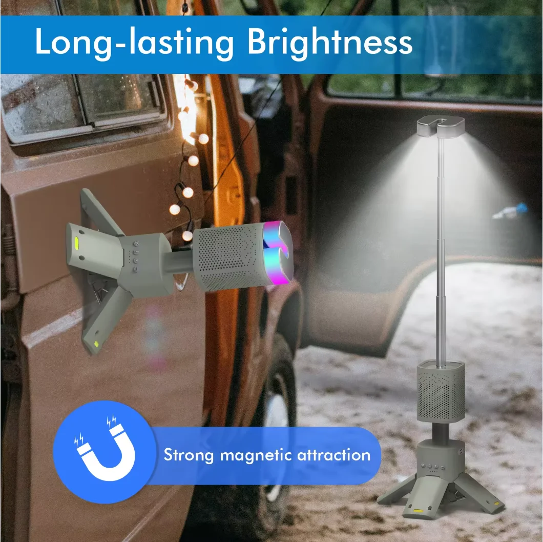 Rechargeable portable outdoor work light, 14000mAh, camping telescopic light with Bluetooth, suitable for hiking and camping RV