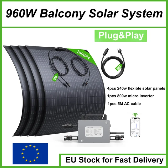 Système solaire de balcon Plug&Play 960W (4 panneaux solaires flexibles de 240W) et micro-onduleur 800W avec moniteur Wi-Fi, installation facile 1