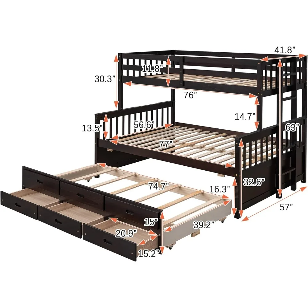 Twin Over Full Bunk Bed with Twin Size Trundle and 3 Storage Drawers, Solid Wood Bunk Bed Frame with Ladder, Children Beds 5