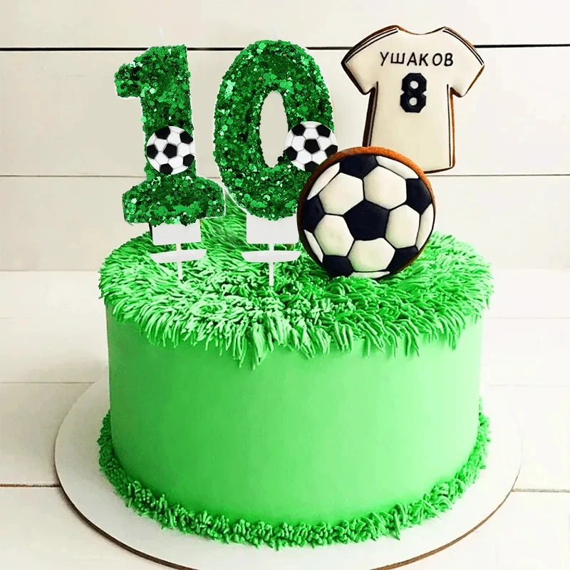 Numéros de football avec bougie courte verte, joyeux anniversaire, 0-9, fête de football, événement, garçon  15