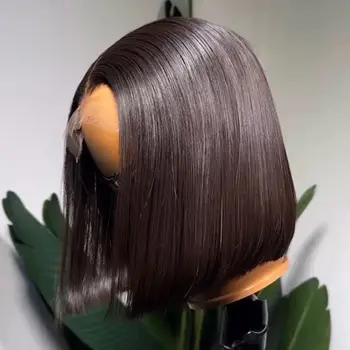 Short Bob Cut Black Color Bone Straight 13X4X1 Lace Front Wigs Synthetic Wig Prepluck With Baby Hair Bleached Knot Glueless Wig