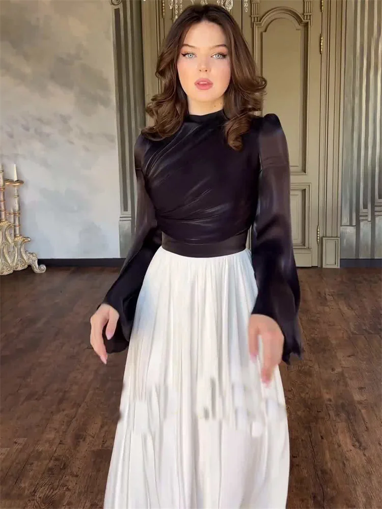 Elegante vestido plisado para mujer, de malla con retazos, vendaje, capas, ajustado, de calle, transparente, en contraste, nuevo vestido largo de otoño