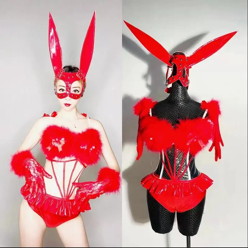 

Nightclub Bar DJ Dance Costume Dancer Team Sexy Stage Wear Festival Party Red Feather PU Leather Bikini Bodysuit Gloves Headge