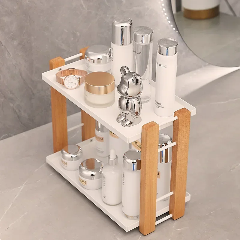 wood Cosmetic Holder and Storage Shelf for Vanity and Countertop Bathroom Counter Organizer With Coffee Station