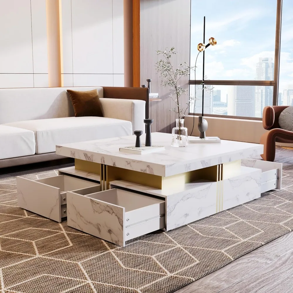 White Coffee Table for Living Room, Modern Square Design with Storage Marbling 3