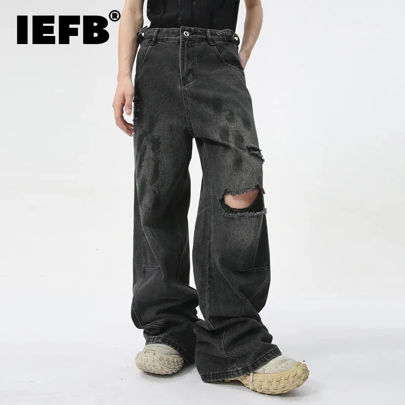 

IEFB Summer Men's Denim Pants New Streetwear Distressed Dirty Printed Straight Leg Jeans Trendy Male Hole Design Trousers 9C5973