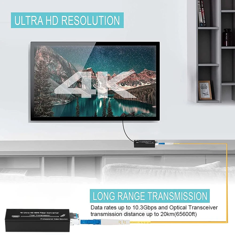 미니 4K HDMI 광섬유 연장기 - UHD 4K/1080P HDMI 비디오 단일 광섬유 광 트랜시버 (20KM) 울트라 HD 4K 해상도