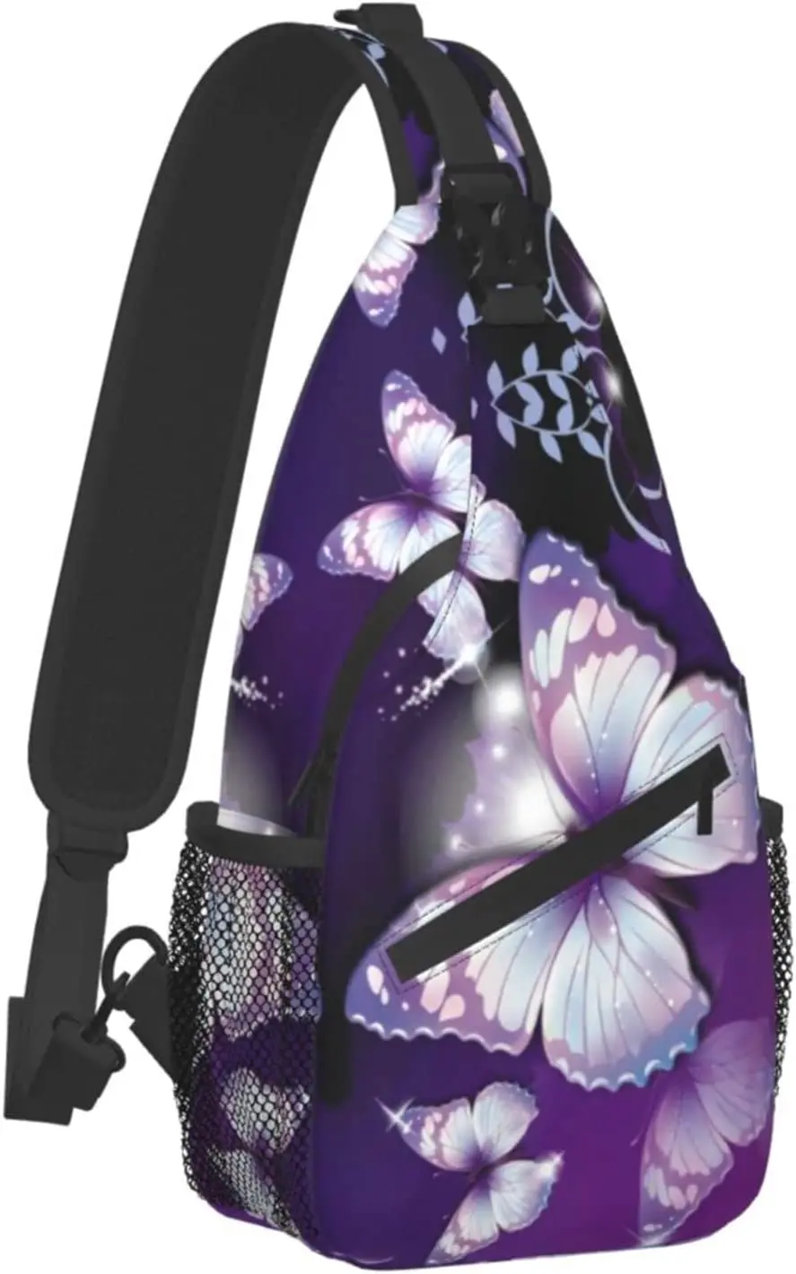 

Sprakling Purple Butterfly Shoulder Bags Mini Rope Sling Bag Crossbody Waterproof Fashion Chest Daypack for Women Travel Runner