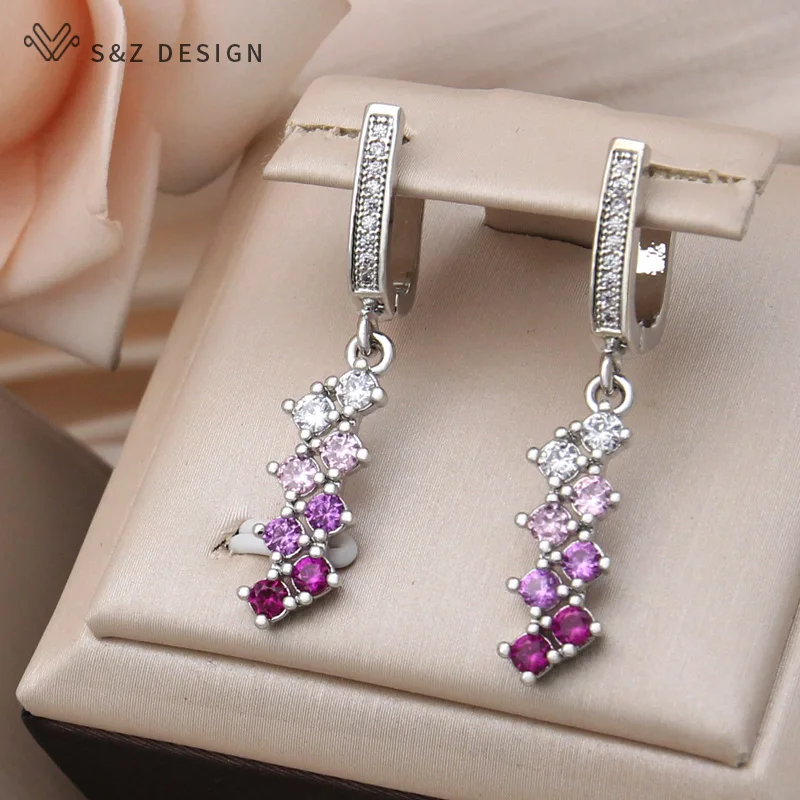 S&Z DESIGN New Fashion Elegant Pink Gradation Cubic Zirconia Dangle Earrings For Women Wedding 585 Rose Gold Color Jewelry Gift
