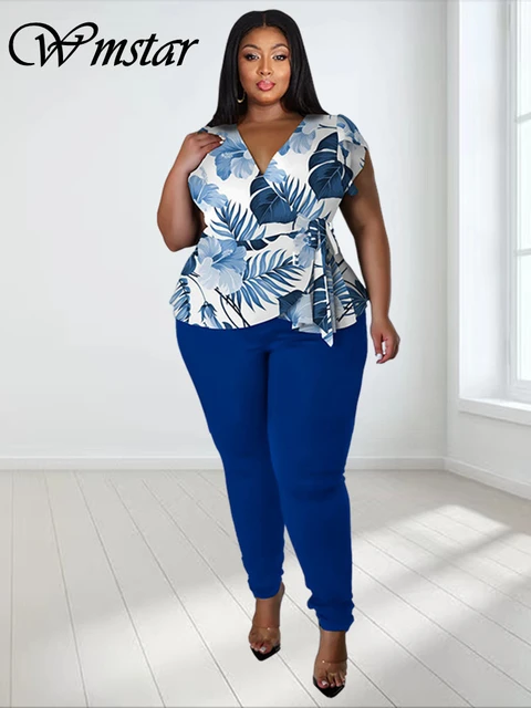 Plus Size Baddieplus Size Summer Outfit Set - Printed Top & Solid Leggings  For Women