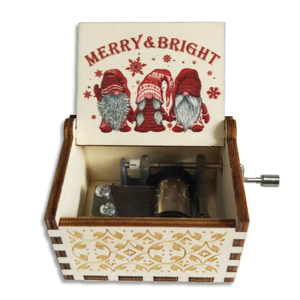 Hot Christmas Theme Music Box Green Carving Wooden Hand Crank Music Box Santa Claus Home Decor New Year Christmas Gift 6