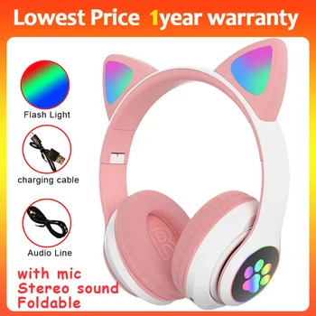 Flash Light Cat Ears Headphones Wireless With MIC Control LED Kid Girl Stereo Cute Music Helmet Bluetooth Phone Headset Earphone