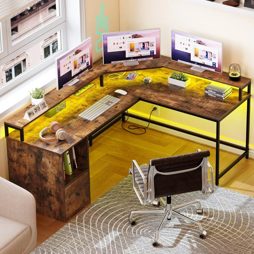 L Shaped Desk Power Outlets LED Lights 67" Computer Desk File Drawer Corner Home Office Monitor