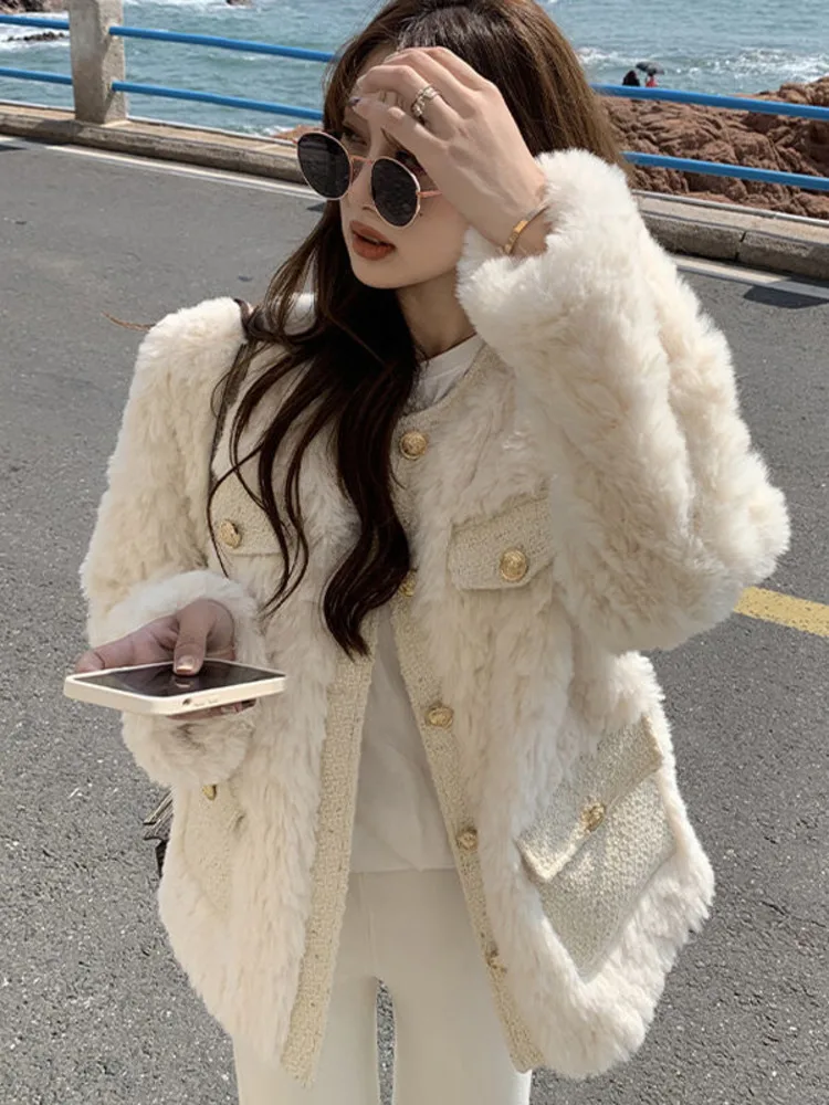 

Korean Fashion Lamb Wool Coats Women Streetwear O-Neck Faux Fur Jackets Woman 2023 Autumn Winter Thick Warm Plush Coat