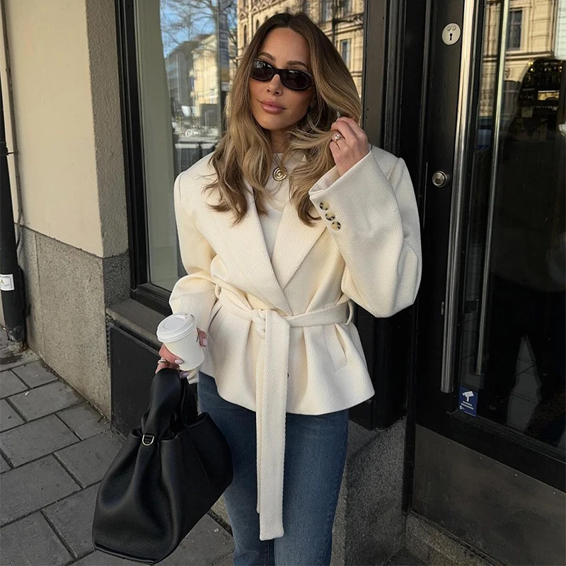 Street Lace Up Cropped Blazer Coat Women Loose Lapel Pocket Long Sleeve Suit Jackets Female 2025 Spring White All-match Outwear