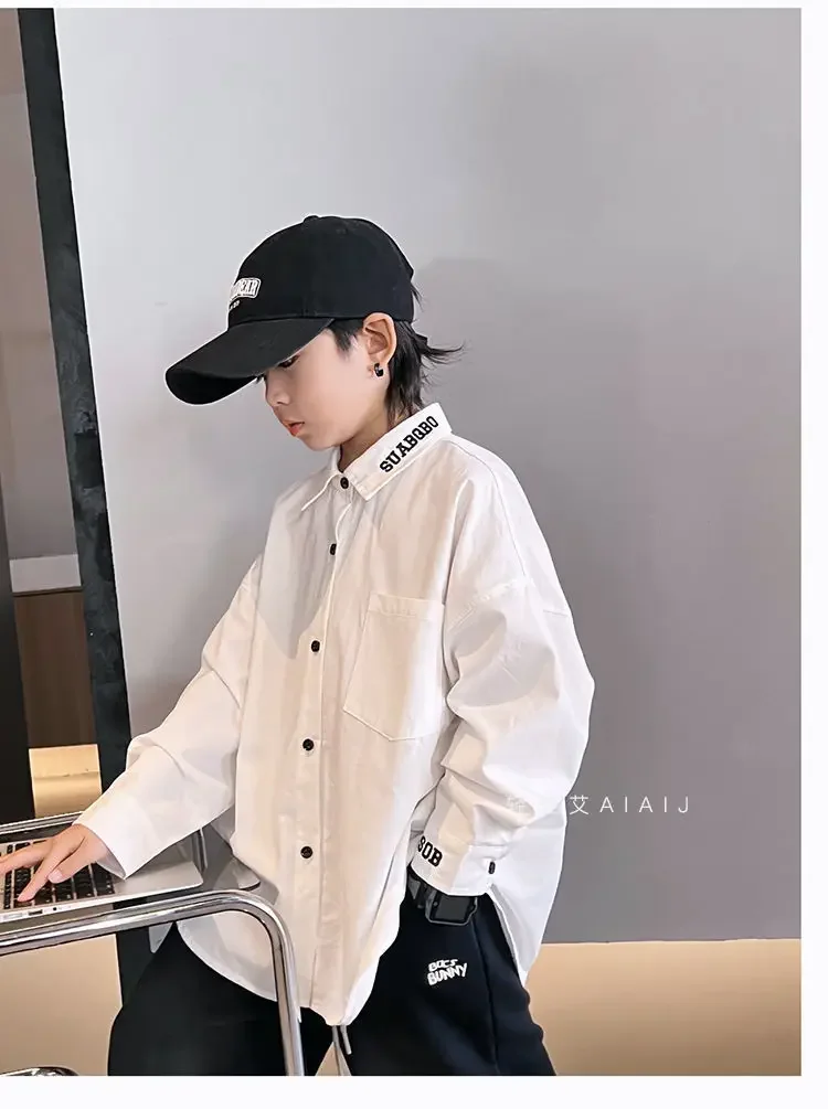 جديد 3-12 سنة ربيع الخريف الفتيان قميص بلون واحدة الصدر الوقوف طوق كم طويل قميص للأطفال الأطفال القطن قميص