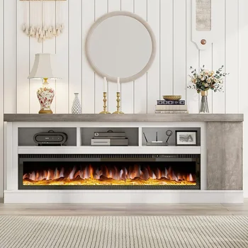 75" Fireplace TV Stand with 60" Electric Fireplace, Color Contrast Media Entertainment Center with Storage for TVs Up to 85"