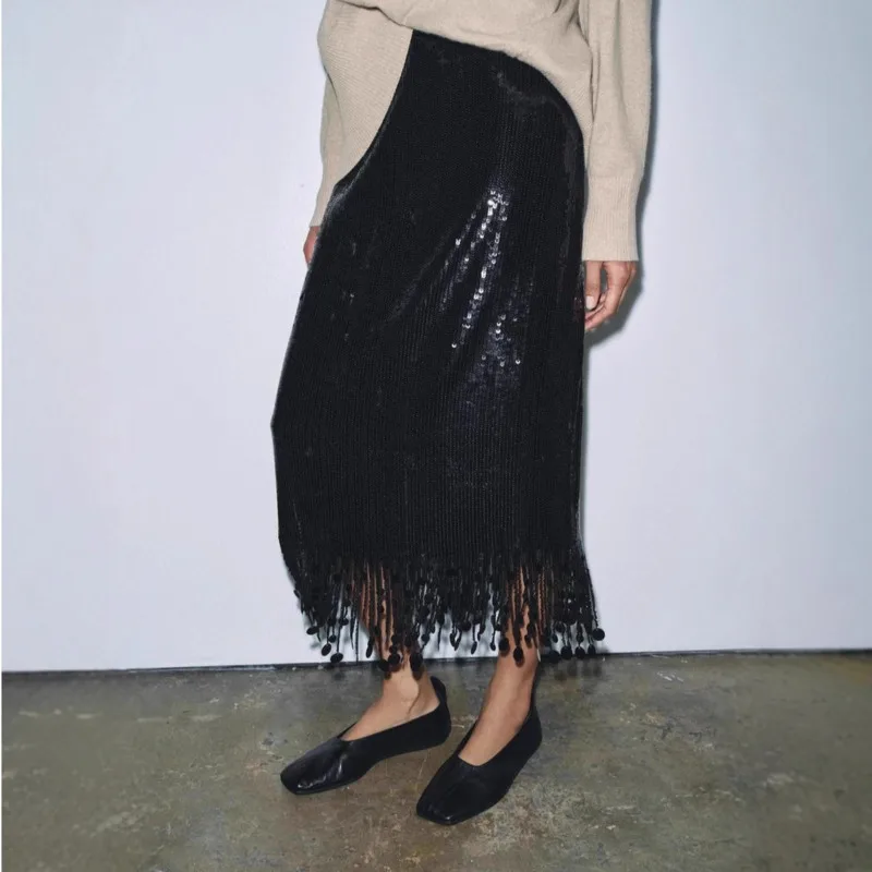 Women's Fashion Sequin Tassel Skirt Autumn Winter Elegant Demeanor Black Tassel Slim Fit High Waist Long Skirts Daily Commuting