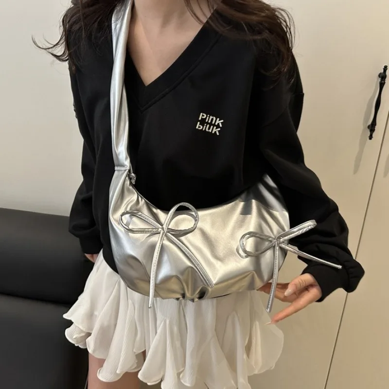 Girls Sweet Pleated Bow Shoulder Hobo Bags Elegant Office Lady Cloud Underarm Bag Women Y2k Aesthetic Handbags
