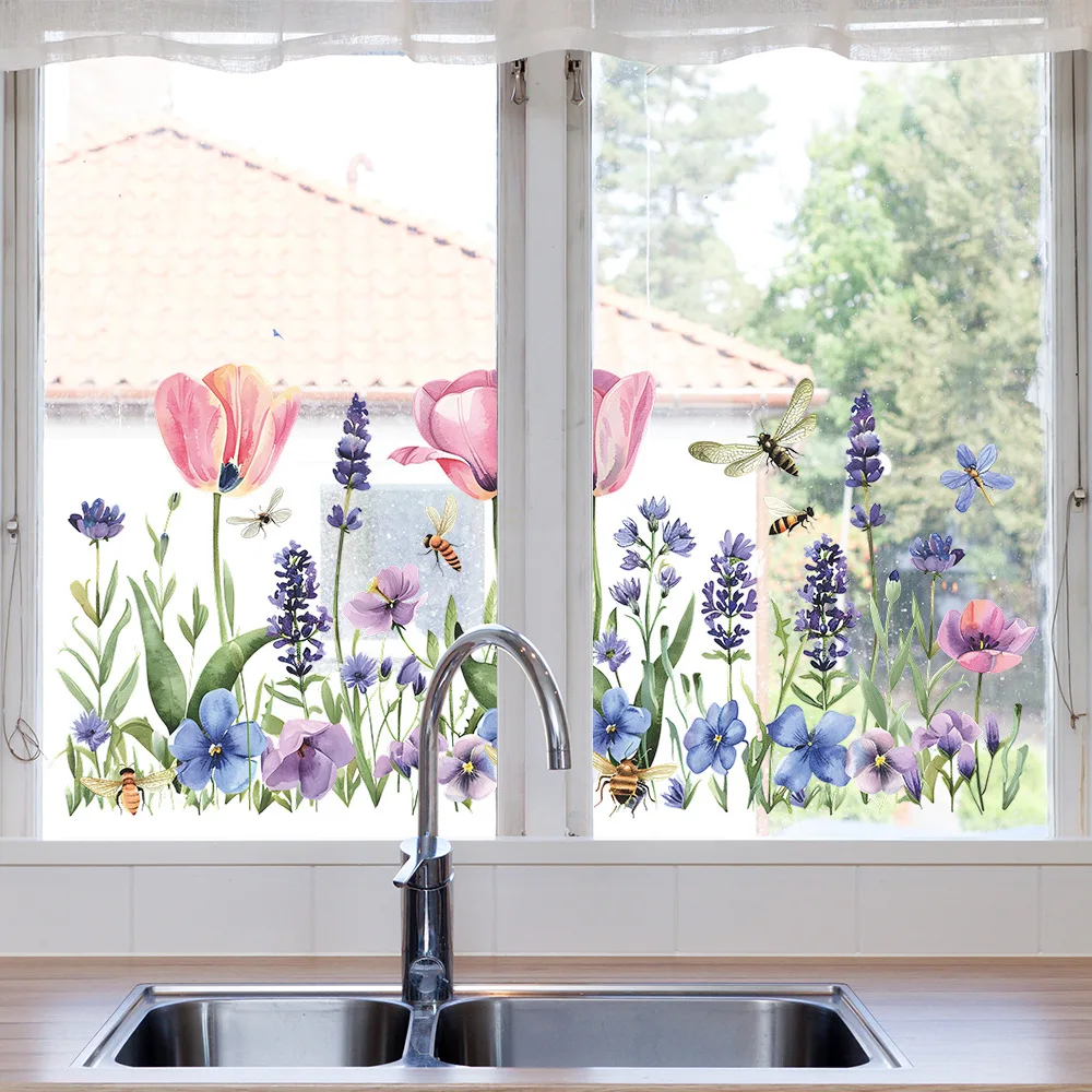 Window Stickers Spring Flowers Window Stickers Glass Static Sticker Bedroom Living Room Decor Art Decals Kids Girl's Room Decoration Mural